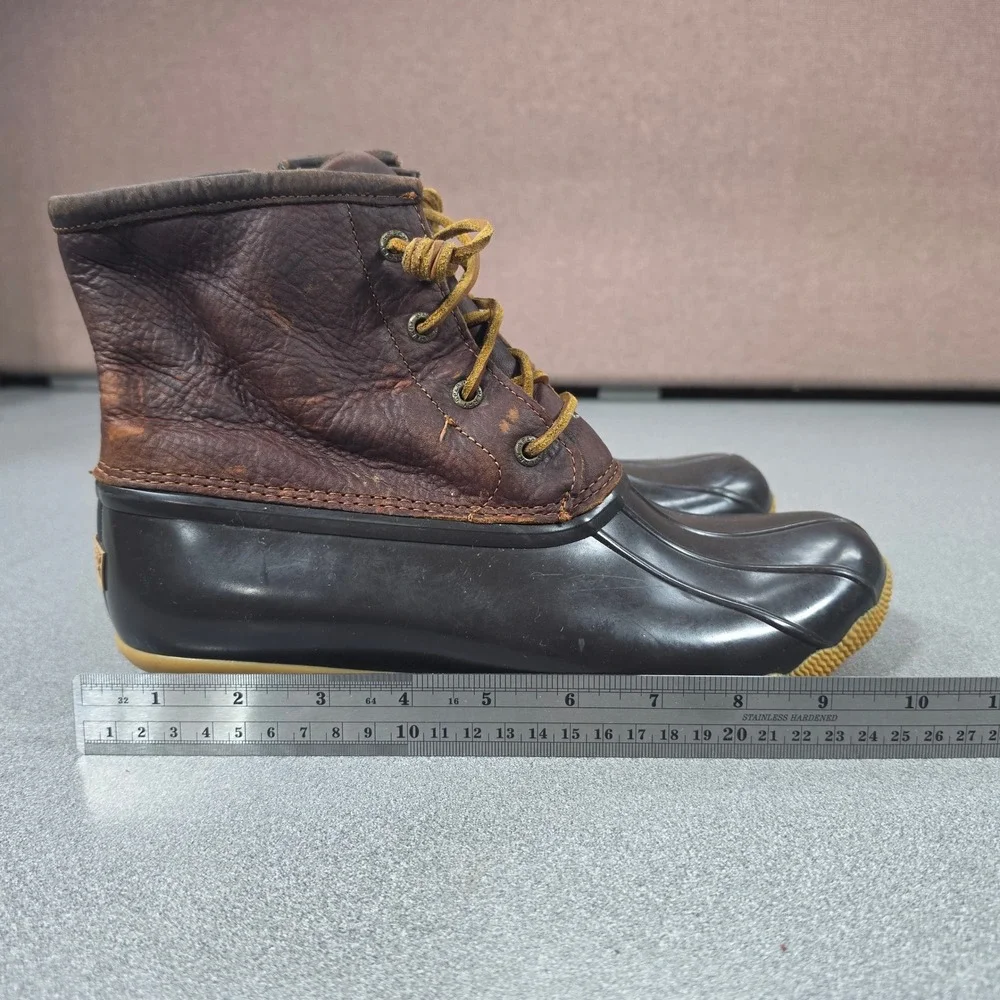 Sperry Saltwater Duck Boots Womens Brown Leather Rubber Ankle Good Side Zip